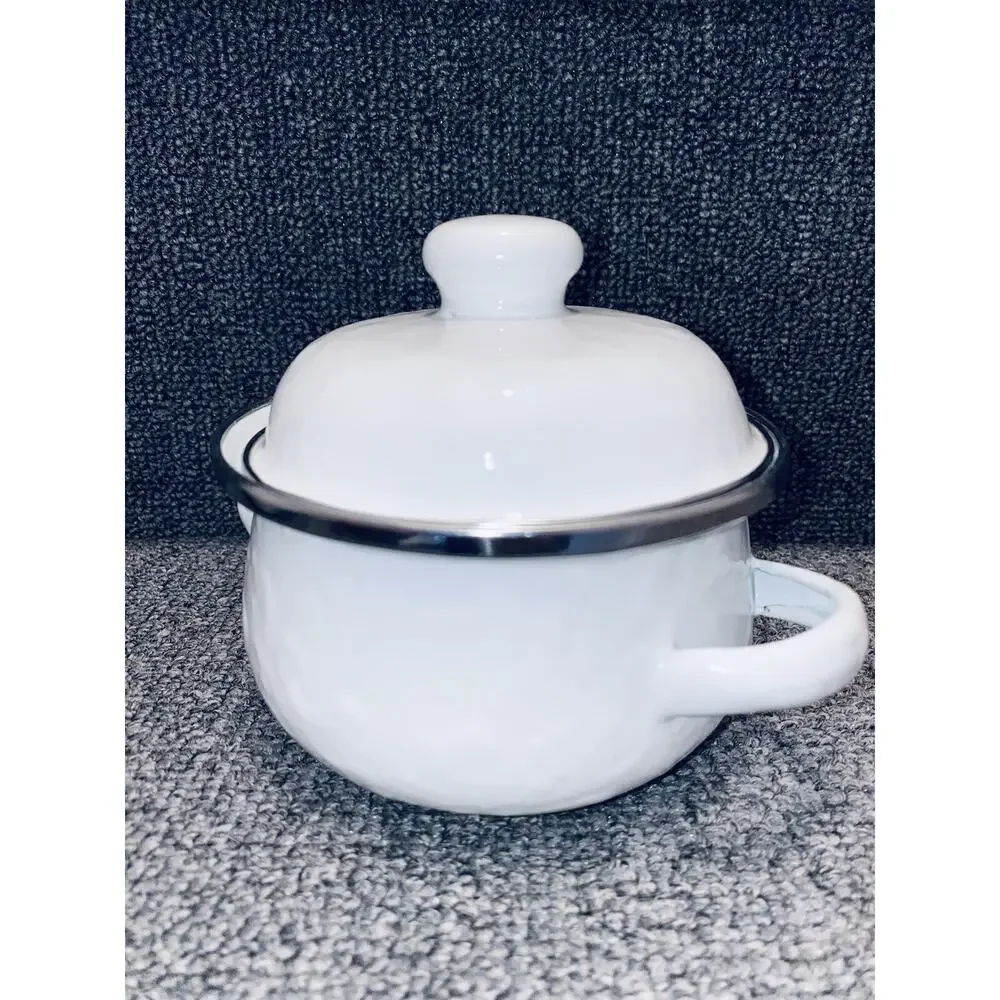 X4 Lot Golden Rabbit White Set Enamelware Small Soup Pots Little For Set Metal